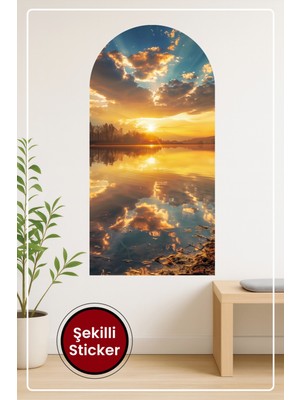 KOSS Dijital Oval Şekilli Manzara Sticker Göl Üzeri Gün Batımı Temalı Fotoğrafik Duvar Sticker
