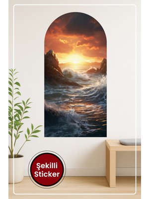 KOSS Dijital Oval Şekilli Deniz Manzara Sticker Kayalıklar Üzerinde Dalgalar ve Gün Batımı Duvar Dekoru