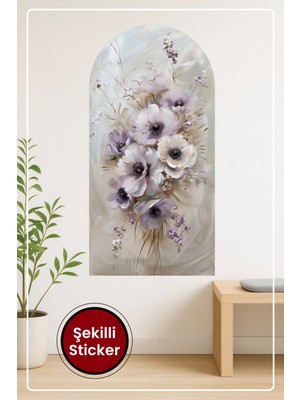 KOSS Dijital Oval Şekilli Zarif Çiçek Mor Beyaz Bej Tonlarında Pastel Buket Temalı Dekoratif Duvar Sticker