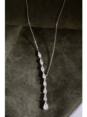 925 Ayar Gümüş Y Form Sallantılı Beyaz Damla Kesim Taşlı Kolye