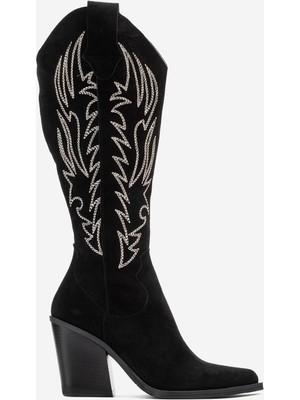 Dericlub Kadın Yüksek Topuk Western Çizme Gerçek Süet Deri Zy 1614 Süet Siyah