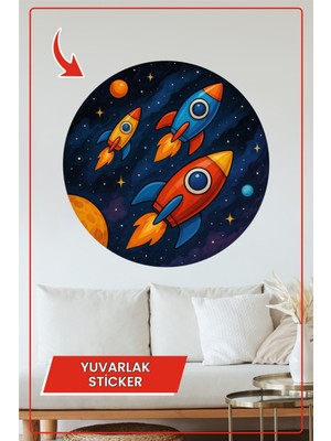 KOSS Dijital Roketler Uzay Yuvarlak Sticker Mavi Turuncu Temalı Dekoratif Çıkartma Çocuk Odası Duvar Dekoru