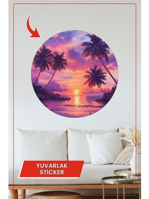 KOSS Dijital Tropik Gün Batımı ve Palmiye Ağaçlı Manzara Yuvarlak Sticker Renkli Duvar Dekoru