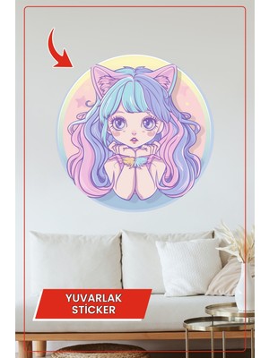 KOSS Dijital Renkli Saçlı Kedi Kız Yuvarlak Sticker Pastel Tonlarda Dekoratif Çizim Duvar Süsü