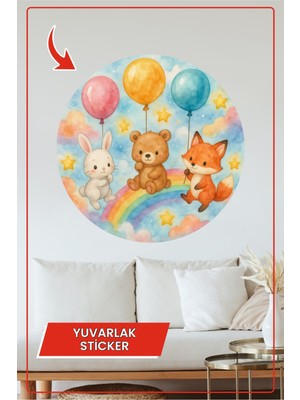 KOSS Dijital Balonlu Hayvanlar Yuvarlak Sticker Gökkuşağı Üzerinde Tavşan Ayı Tilki Temalı Dekoratif Çıkartma