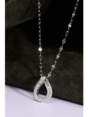 925 Ayar Gümüş Baget Taşlı Damla Figürlü Aynalı Zincir Kolye