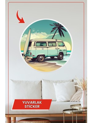 KOSS Dijital Retro Karavan Yuvarlak Sticker Sahil ve Palmiye Desenli Dekoratif Çıkartma Ev Ofis Duvar Dekoru