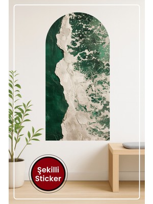 KOSS Dijital Oval Şekilli Sahil Manzaralı Sticker Yeşil Beyaz Tonlu Dalga Efektli Dekoratif Duvar Sticker
