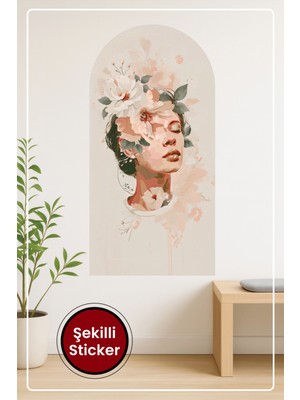 KOSS Dijital Oval Şekilli Kadın Yüz Sticker Çiçek Yaprak Temalı Estetik Ev Dekorasyonu Duvar Sticker