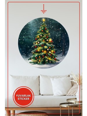 KOSS Dijital Yılbaşı Çam Ağacı Yuvarlak Sticker Dekoratif Çıkartma Kar Taneli Tasarım Ev Ofis Duvar Dekoru