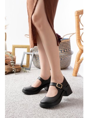 Asmi Shoes Kadın Elisa Siyah Cilt 6 cm Tek Baletli Topuklu Loafer Ayakkabı  Siyah