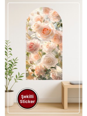KOSS Dijital Oval Şekilli Çiçekli Tasarım Pastel Pembe Gül Temalı Romantik Duvar Sticker