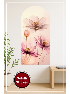 KOSS Dijital Oval Şekilli Çiçekli Tasarım Pembe Mor Renkli Şeffaf Yapraklı Dekoratif Duvar Sticker