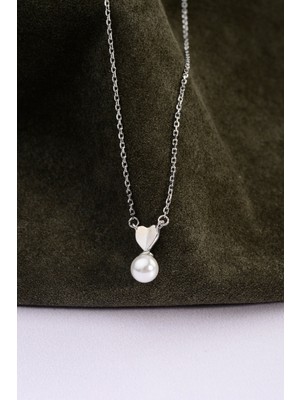 925 Ayar Gümüş Kalp Figürlü Incili Ince Zincirli Kolye