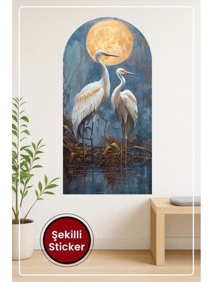 KOSS Dijital Turna Kuşları ve Ay Manzaralı Oval Şekilli Duvar Sticker Doğal Huzurlu Dekor Tasarımı