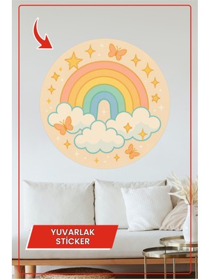 KOSS Dijital Pastel Gökkuşağı Yuvarlak Sticker Bulutlu Yıldızlı Kelebekli Renkli Temalı Dekoratif Çıkartma