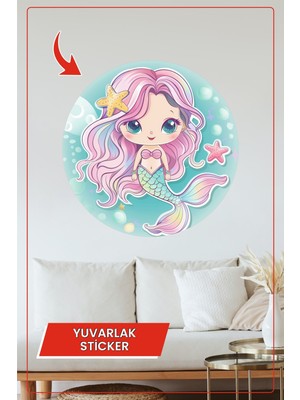 KOSS Dijital Sevimli Deniz Kızı Temalı Yuvarlak Çocuk Odası Stickerı Pastel Renkli Duvar Dekoru