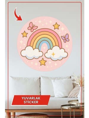 KOSS Dijital Pembe Gökkuşağı Yuvarlak Sticker Bulutlu Yıldızlı Kelebekli Pastel Temalı Dekoratif Çıkartma