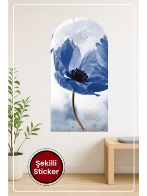 KOSS Dijital Oval Şekilli Mavi Gelincik Çiçeği Desenli Dekoratif Duvar Sticker Ev Ofis Salon Hol Için Süs