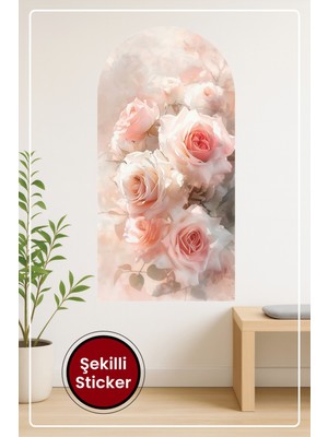 KOSS Dijital Oval Şekilli Zarif Gül Pembe Beyaz Tonlarda Sulu Boya Buket Temalı Duvar Sticker