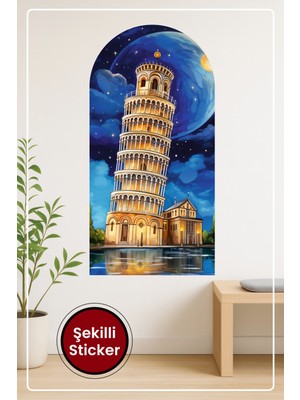 KOSS Dijital Oval Şekilli Pisa Kulesi Sticker Gece Gökyüzü ve Yansıma Detaylı Dekoratif Duvar Manzara