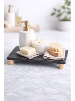 Siyah Kuvars Mermer Banyo ve Mutfak Organizeri - Ahşap Ayaklı Sunum Standı & Sabunluk Altlığı 15X30