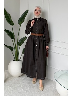 Tesettür Diyarı Laris Boydan Düğmeli Kemerli Denim Tesettür Elbise- Acı Kahve