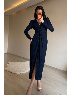Neşeli Butik Kadın Mavi Bel Büzgü Detaylı Yırtmaçlı Midi Boy Abiye Elbise NM027