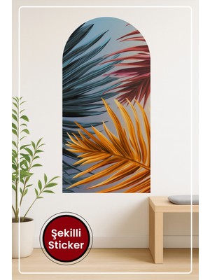 KOSS Dijital Oval Şekilli Tropik Yaprak Sticker Turuncu Kırmızı Mavi Tonlarda Modern Duvar Dekoru