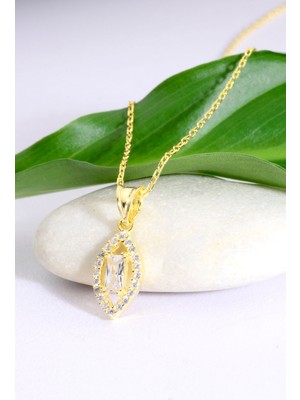 Altın Kaplama 925 Ayar Gümüş Marquise Taş Çerçeveli Baget Taşlı Minimal Kolye