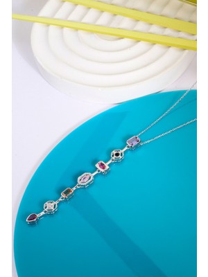 925 Ayar Gümüş 7 Element Geometrik Renkli Taşlı Y Kolye