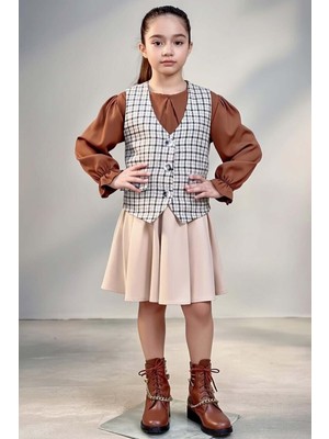 Riccotarz Kız Çocuk Bebe Yaka Bilekler Lastikli Kahverengi Kazak Ekose Detay Cepken ve Penye Etekli Takım