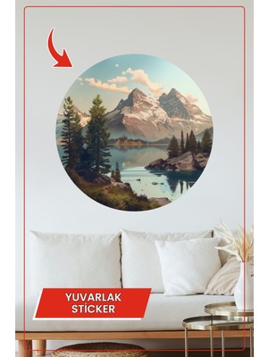KOSS Dijital Dağ ve Göl Manzaralı Orman Detaylı Yuvarlak Sticker Doğa Temalı Dekoratif Duvar Süsü