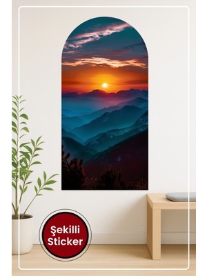 KOSS Dijital Oval Şekilli Manzara Sticker Gün Batımı ve Dağ Silüetli Duvar Sticker