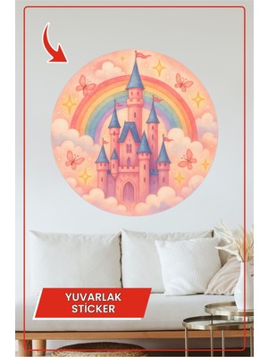 KOSS Dijital Pembe Masal Şatosu Yuvarlak Sticker Gökkuşağı ve Bulutlar Arasında Prenses Temalı Çocuk Dekoru