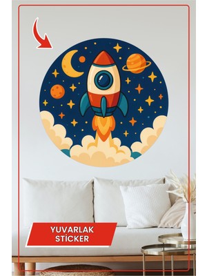 KOSS Dijital Roket Uzay Yuvarlak Sticker Gezegenli Yıldızlı Gece Gökyüzü Temalı Renkli Dekoratif Çıkartma