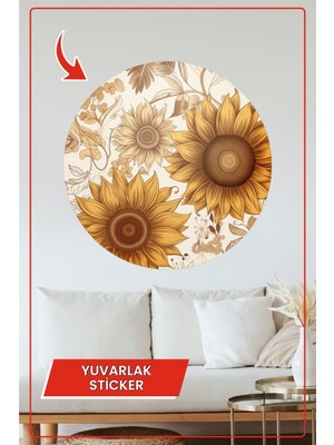 KOSS Dijital Ayçiçeği Desenli Yuvarlak Sticker Bej ve Sarı Tonlarda Boho Tarz Dekoratif Çiçekli Ev Ofis Çıkartma