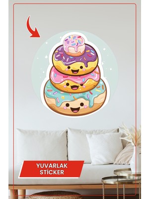 KOSS Dijital Sevimli Donut Karakterli Yuvarlak Sticker Çocuk Odası Tatlı Renkli Duvar Dekoru Çıkartma