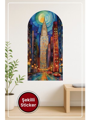 KOSS Dijital Oval Şekilli New York Şehir Manzarası Desenli Dekoratif Duvar Sticker Ev Ofis Salon Hol Süs
