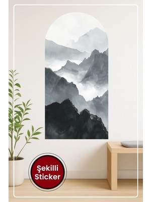 KOSS Dijital Oval Şekilli Doğal Manzara Sticker Siyah Beyaz Gri Dağ Temalı Estetik Ev Dekorasyonu Sticker