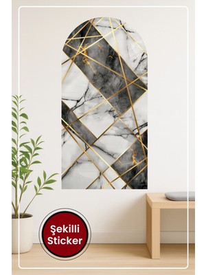 KOSS Dijital Oval Şekilli Mermer Desen Sticker Beyaz Siyah Altın Çizgili Dekoratif Duvar Sticker