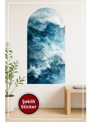 KOSS Dijital Oval Şekilli Deniz Dalgası Sticker Mavi Beyaz Tonlu Sanatsal Görünümlü Dekoratif Duvar Sticker