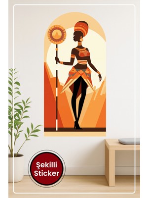 KOSS Dijital Oval Şekilli Afrika Kraliçesi Sticker Etnik Silüet ve Asa Temalı Dekoratif Duvar Süsü