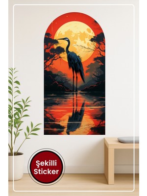 KOSS Dijital Oval Şekilli Turna Kuşu Dolunay Manzaralı Dekoratif Duvar Sticker Ev Ofis Için Estetik Dekor