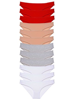 Vexor 12 Adet Süper Eko Set Likralı Kadın Slip Külot Kırmızı Ten Gri Beyaz