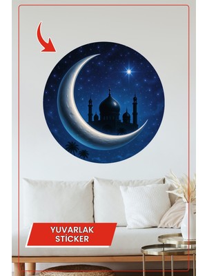 KOSS Dijital Hilal Ay Cami Silüeti Yuvarlak Sticker Dekoratif Çıkartma Duvar Çocuk Odası Ramazan Gece