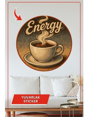KOSS Dijital Energy Retro Yuvarlak Sticker Kahve Fincanı ve Buhar Detaylı Vintage Tarz Dekoratif Duvar Çıkartması