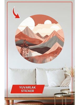 KOSS Dijital Dağ Manzaralı Yuvarlak Sticker Bej ve Kırmızı Tonlarda Minimal Boho Tarz Dekoratif Ev Ofis Çıkartma