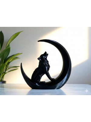 Sora Design Ay Üzerinde Uluyan Kurt Figürlü Dekoratif Masa ve Raf Süsü
