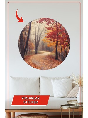 KOSS Dijital Sonbahar Yaprakları ve Orman Yolu Temalı Yuvarlak Sticker Dekoratif Duvar Süsü
